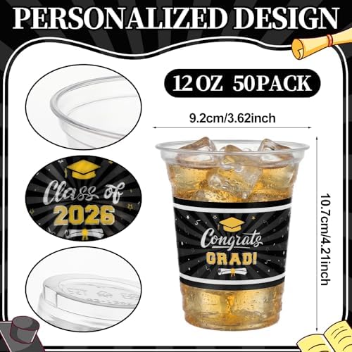 Bokon 100 Pcs 2026 Black Graduation Plastic Cups Bulk with Strawless Sip Lids 12oz Disposable Congrats Grad Cup Drinkware Class of 2026 Celebration for College Tableware Party Supplies Decorations