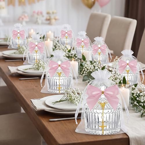 Chuangdi 12 Sets 48 Pcs Baptism Favors for Guests Crystal Candy Bowl Gifts with 12 Pcs Cross Rosary for Baptism Decorations Wedding Baby Shower Party Supplies First Communion (Pink)