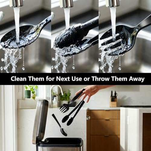 Black Plastic Serving Utensils Set - 24 Pieces Heavy Duty Large Disposable Serving Spoons, Forks and Tongs, 8.5'' Inch for Buffet, Party, Catering, Restaurant, Dinner (Black, 24)