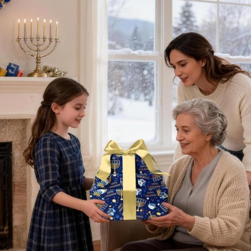 LaRibbons Hanukkah Wrapping Paper, Foil Menorah Dreidel Print