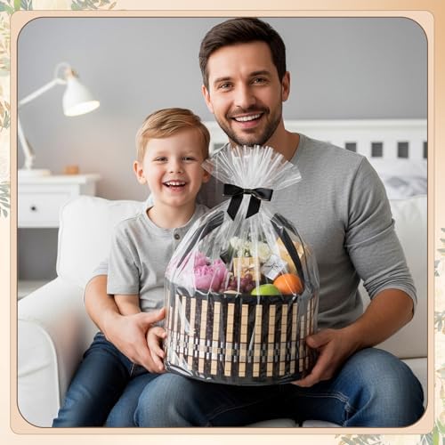 Weysat 6 Set Baskets for Gifts Empty Bulk, Large Woven Bamboo Gift Basket Kit with Handles, Bow, Wrap Bag to Fill for Raffle Thanksgiving Day Wedding Birthdays Party Wrapping (Black)