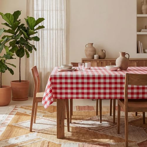 Red White Buffalo Plaid Waterproof Tablecloth for Outdoor Use Picnic Table Cover for Holiday Dinner, Farmhouse Kitchen, Patio Dining, Reusable Checkered Table Cloth, W60 x L84 in
