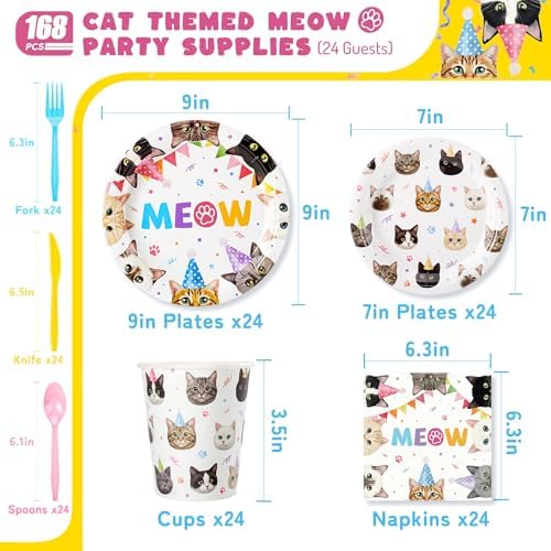 Cats Birthday Party Plates Set,168PCS Cat Birthday Tableware Party Supplies