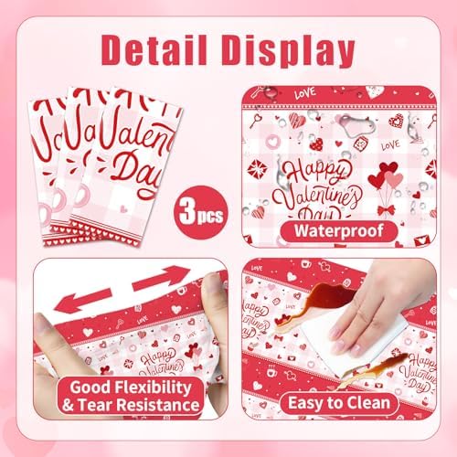 3-Piece 54 x 108 Inch Valentine’s Day Plastic Tablecloth – Red and White Disposable Rectangle Table Covers for Romantic Dinners, Parties, and Celebrations