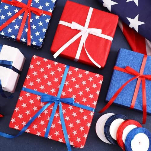 DECYOOL 4 Rolls 100 Yds 4th of July Ribbon Red White Blue Patriotic Ribbons