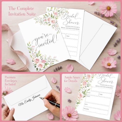Bridal Shower Invitations, 25 Floral Wedding Shower Invites with Envelopes, 5x7 Blush Pink Rose Bride to Be Engagement Party Supplies - A05