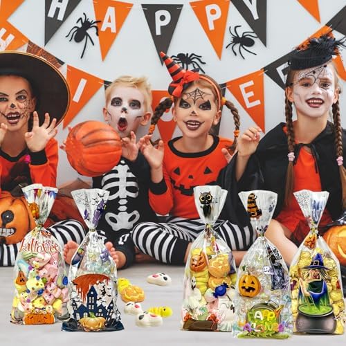 QOIUSO Halloween Cellophane Treat Bags: 54Pcs Clear Halloween Trick or Treat Goodie Bags with 60Pcs Twist for Candy Cookies Gifts Packaing, Kids Party Favor Bags (10.8 * 5.1in)