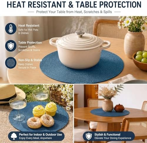 FunWheat Round Braided Placemats Set of 12 Place Mats for Dining Table Woven Washable Non-Slip Table Mats 15 Inch(Blue,12pcs)