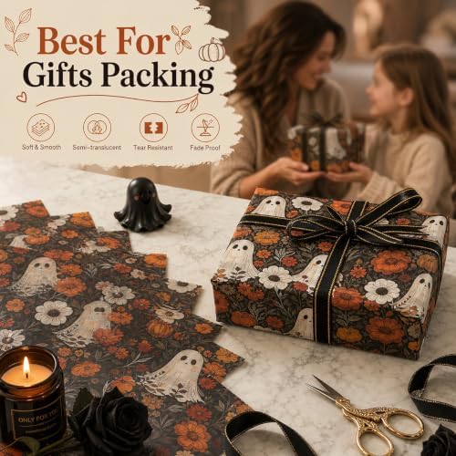 60 Sheets Boho Ghost Floral Tissue Paper, 13.8 x 19.7'' Boho Ghost Floral Pumpkin Patterns Gift Wrapping Paper for Halloween DIY Craft Autumn Party Supplies