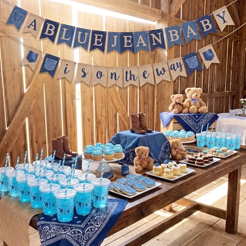 FillTouch 50 Pcs a Blue Jean Baby Is on the Way Cups Bulk Blue Jean Baby Shower Party Decoration Denim Theme Plastic Cups Rustic Cowboy Disposable Tumblers for Birthday Gender Reveal Party Supplies