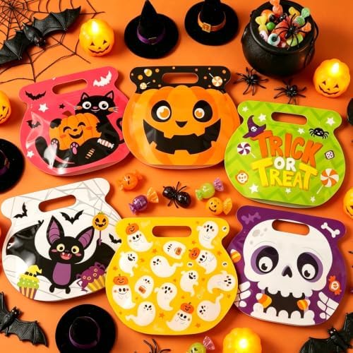 FOIMAS Halloween Treat Bags, 48pcs Plastic Candy Bags Zipper Seal Bags Resealable Pumpkin Bat Ghost Goodie Bags with Handles for Trick or Treat Halloween Party Supply Decor Home Classroom