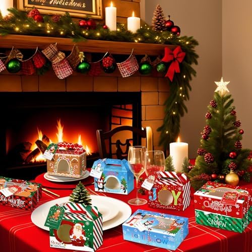 Cinnvoice 24 Pcs Christmas Cookie Boxes with Window Tags Strings,Joy