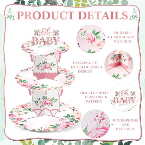 Zopeal 3 Tier Floral Baby Shower Cupcake Stand Cardboard Flower Cupcake Dessert Tower Baby Shower Cake Holder for Spring Flower Gender Reveal Birthday Party Decorations Supplies