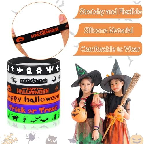 JUNEBRUSHS 24Pcs Halloween Silicone Bracelets Halloween Favors Supplies Rubber Wristbands for Kids Party Goodie Bag Stuffers Fillers Decorations Accessories (6 Designs)