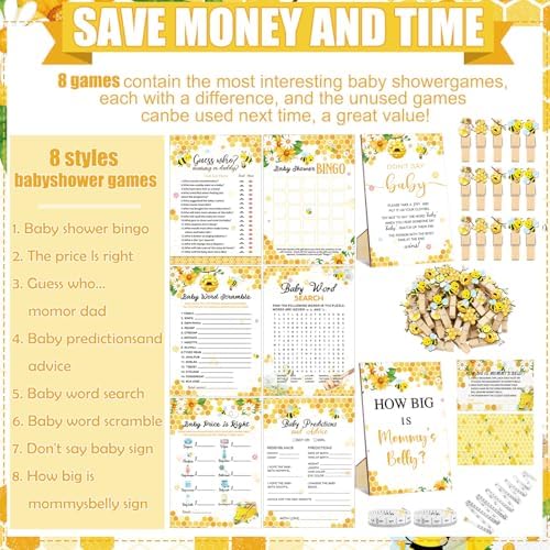Funnymoom 426 Pcs Bee Baby Shower Games Set, 8 Games Bingo Scramble