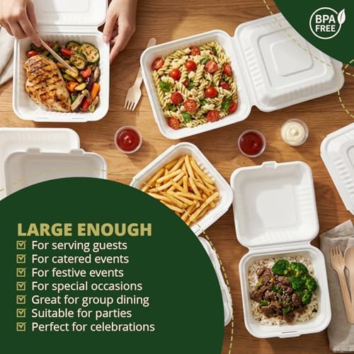 100% Compostable Clamshell Take Out Food Containers 6X6" 50-Pack Heavy-Duty Quality to go Containers, Natural Disposable Bagasse, Eco-Friendly Biodegradable Made of Sugar Cane Fibers