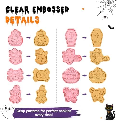 8pcs Halloween Cookie Cutters and Stamps Set, Plastic Cartoon Biscuit Molds, Cute Small Clay Playdough Cutters for Kids Party — Happy Halloween Pumpkin, Ghost, Coffin, Cat, Skull, Owl, Witch, Pink