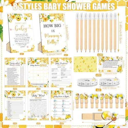 Funnymoom 426 Pcs Bee Baby Shower Games Set, 8 Games Bingo Scramble