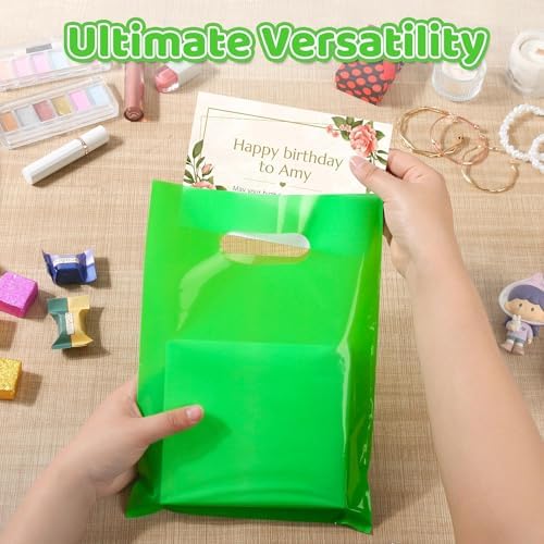 VieFantaisie 50 PCS Green Party Favor Bags, 8" x 11" Goodie Bags for Candy Treat Craft Easter Egg, Plastic Gift Bag with Die Cut Handles for Birthday Party, School Events & Small Business, Wedding