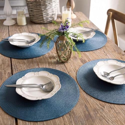 FunWheat Round Braided Placemats Set of 12 Place Mats for Dining Table Woven Washable Non-Slip Table Mats 15 Inch(Blue,12pcs)