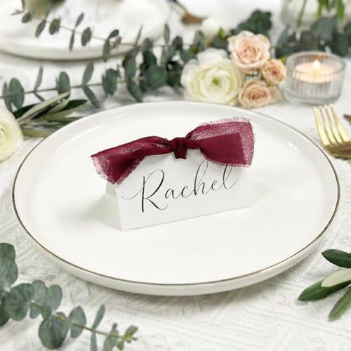 50Pcs Premium Place Cards, Small Table Cards with Red Ribbon, 2" x 3.5" Tent Card, Name Card, Wedding Place Cards for Wedding, Valentines Day, Table, Dinner Parties, Seating Card