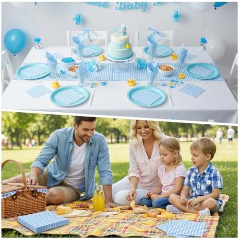NatNarr 80 Pk Gingham Napkins Light Blue Napkins Disposable, 6.5"