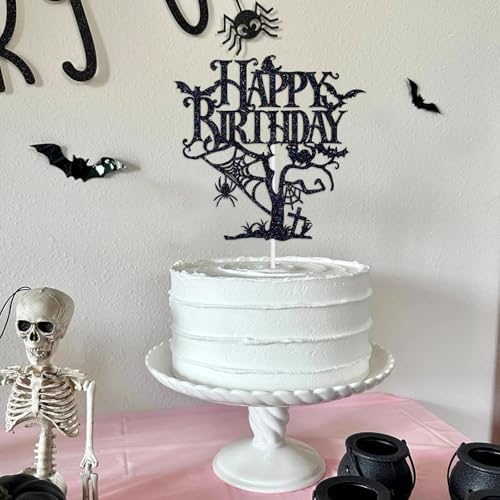 Black Glitter Halloween Happy Birthday Cake Topper, Spooky Haunted House Cake Decor, Creepy Horror Birthday Themed Party Decorations Supplies