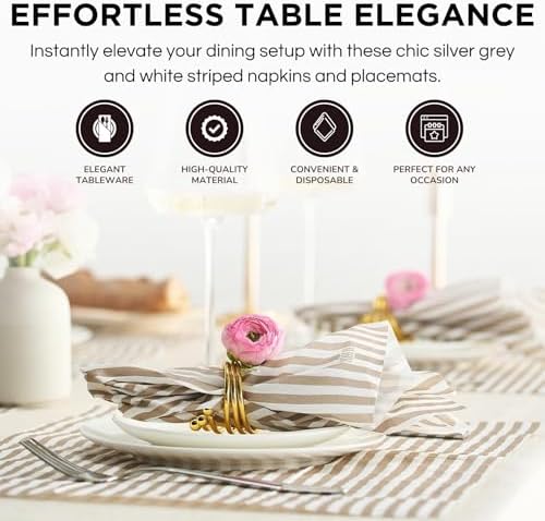 Khen 100-Count Luxury Disposable Napkins, European Stripes Design – 2-Ply Tableware, Linen-Feel Paper Guest Towels Elegant Soft & Absorbent Hand Towel, Party Napkin Placemats, 15.75"x13" - Silver Grey