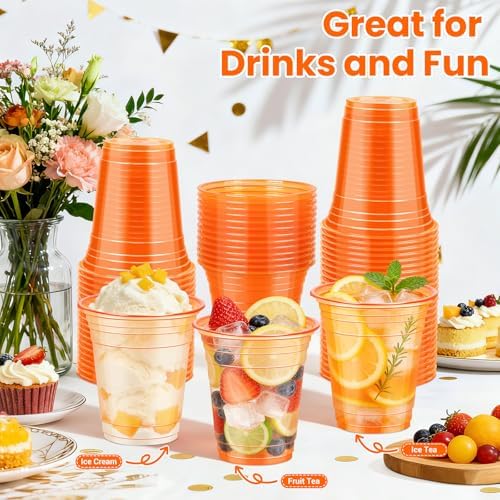 50 Pcs Clear Orange Plastic Cups, 12 oz Disposable Cups for Party