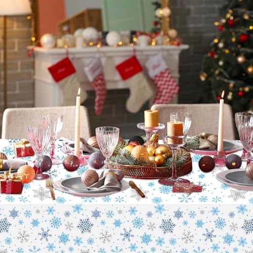 3-Piece 54 x 108 Inch Christmas Snowflake Plastic Tablecloth – Blue and White Disposable Rectangle Table Covers with Snowflake Design for Holiday Parties, Christmas Dinners, and Winter Celebrations
