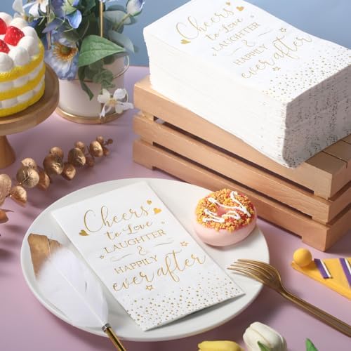 Pasimy 50 Pcs Bridal Shower Napkins Cheers to Love Laughter and Happily Ever After Disposable Decorative Wedding Paper Dinner Napkins for Banquet Engagement Party Decoration Supplies (Gold)