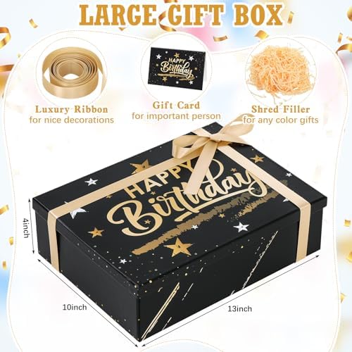 Ctosree Black Happy Birthday Gift Box with Lid for Presents, 13.5 x 10 x 4 Inch Gold Black Large Luxury Star Foldable Cardboard Box for Gift Packing, Contains Card, Envelope, Ribbon, Raffia Grass