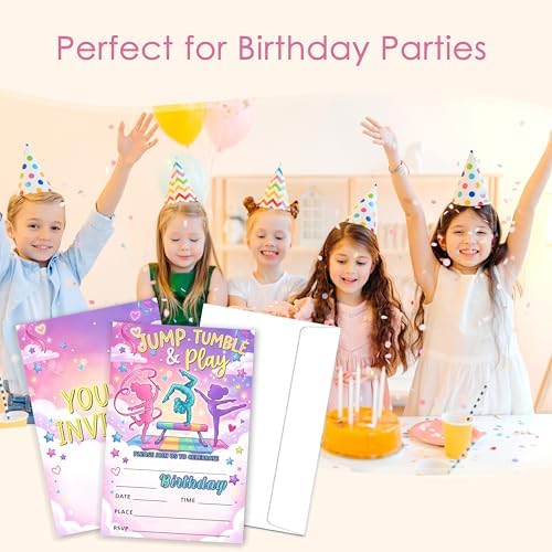 Gymnastics Birthday Invitation Girl, Pink Purple Gymnastics Double-Sided Fill In Style Invites with Envelopes for Birthday, Jump Party Invitation For Girls, Teens, Bday Party Favor & Decoration