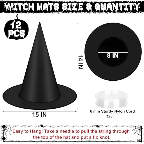 12 PCS Halloween Witch Hats, Black Hanging Witch Hats Porch Yard Decor