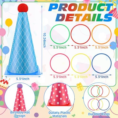 Seenelling 24 Pcs Plastic Ring Toss Game, Birthday Party Game 6 Birthday Hat Cones and 18 Colorful Rings Outdoor Sport Toss Toys Backyard Lawn Cone and Ring for Family Party Activities