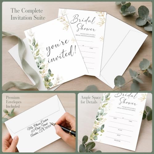 Bridal Shower Invitations, 25 Eucalyptus Leaves Wedding Shower Invites with Envelopes, 5x7 Greenery Bride to Be Engagement Party Supplies - A01