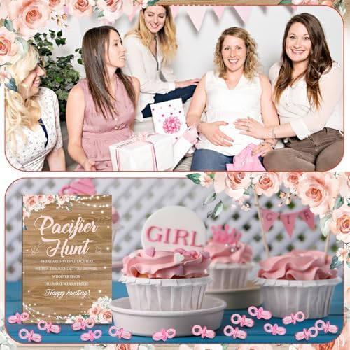 Thyle 51 Pcs Rustic Girl Baby Shower Game Floral Pacifier Hunt Sign and 50 Acrylic Pacifiers for a Sweet Little Girl Is on Her Way Baby Shower Decorations Floral Gender Reveal Pregnancy Party Supplies