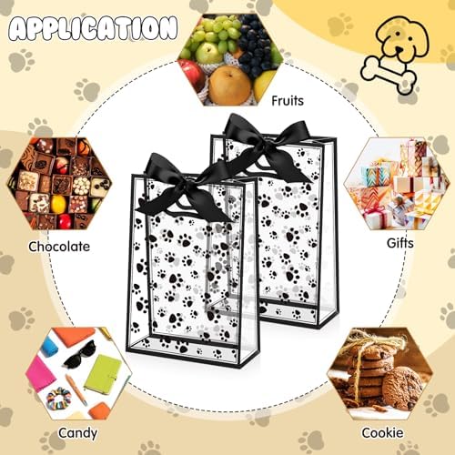 Capoda 24 Pack Dog Paw Gift Bags with Handles Reusable Plastic Party Favor Bags for Dog Birthday Puppy Party Black Paw Goodie Bag Medium Treat Bag for Pet Adoption Rescue Events Doggy