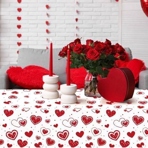 3-Piece 54 x 108 Inch Valentine’s Day Plastic Tablecloth – Red Heart Disposable Rectangle Table Covers for Romantic Dinner, Wedding Shower, Anniversary Party, and Valentine Decorations