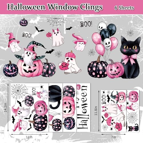 Whaline 6 Sheets Happy Halloween Window Clings Pink-Black Boo Ghost Pumpkin Spider Web Cat Reusable Window Decals for Home Classroom Office Glass Decor Party Supplies
