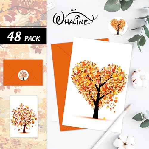 Whaline 48 Pcs Fall Greeting Cards Autumn Tree Blank Note Cards with Envelopes Stickers for Autumn Holiday Birthday Party, 4 x 6 Inch