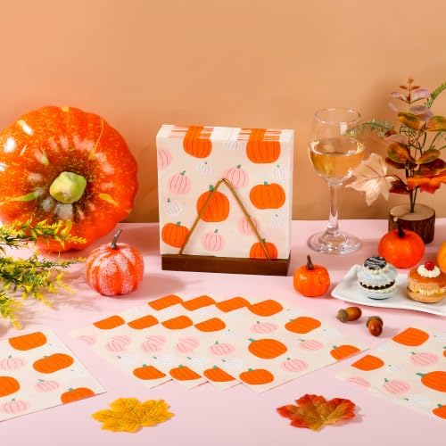 100 Pcs Pink Orange Fall Pumpkin Paper Luncheon Napkins, 6.5in