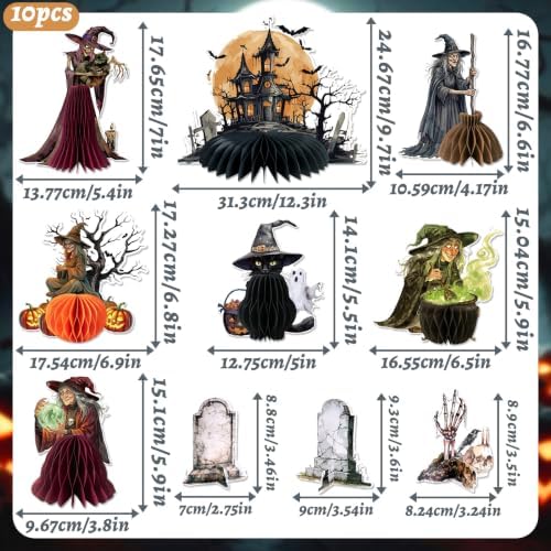 PAPER JAZZ Halloween Honeycomb Table Centerpieces, 9 Pcs Spooky Witch Halloween Decor with Haunted House Tombstone Skeleton Decorations, Halloween Party Desktop Ornaments for Indoor Home Dinner Table