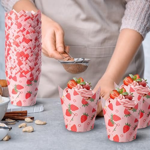 Maxdot 200 Pcs Strawberry Tulip Cupcake Liners for Baking Red Pink Strawberry Flower Paper Muffin Baking Cups Summer Fruit Theme Tulip Muffin Liners Wrappers for Baby Shower Wedding Birthday Party