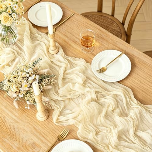 3Pcs Beige Table Runner, 10FT Rustic Cheesecloth Table Runner 35*120inch Boho Beige Runner for Wedding Bridal Shower Baby Shower Table Centerpiece Decorations