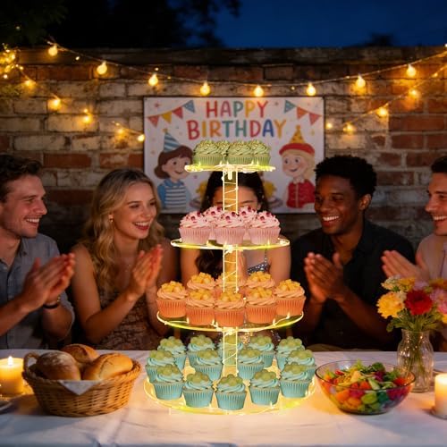 YestBuy 4 Tier Round Cupcake Stand with Yellow Lights for Party