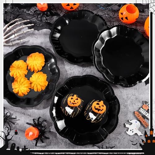 NatNarr 30 Pcs Black Paper Plates, 9 Inch Scalloped Halloween Dinner Plate