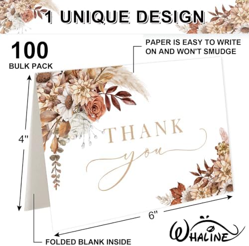 Whaline 100Pcs Fall Floral Thank You Cards with Envelopes Stickers Boxed Greeting Cards Watercolor Boho Flower Leaves Note Card for Autumn Thanksgiving, 4 x 6 Inch