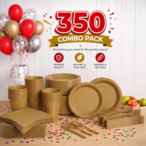 350 Pcs Gold Plastic Plates for Party Gold Disposable Plates Set 50 of Each 9 Dinner Plate Set 7 Dessert Plate Cups Napkins & Cutlery Plastic Dinnerware Set Exquisite