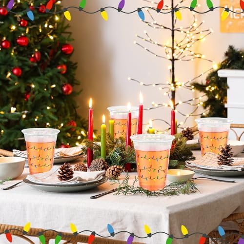 Jingmore 100 Pack 16 oz Christmas Clear Plastic Cups with Lights Design